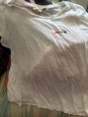 Christian Siriano White Short Sleeve Tee with Rainbow 'peace' Embroidery